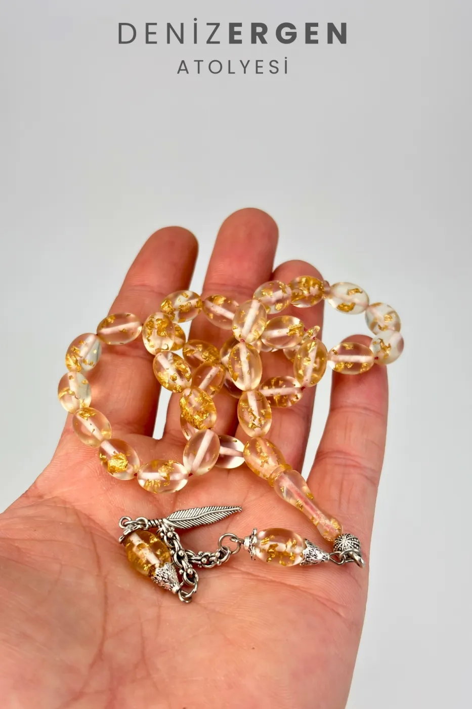 Orjinal Sertifikalı Usta İşi 24k Altın Parçacıklı Şeffaf Golden Rosary Tesbih Erkek Hediyelik