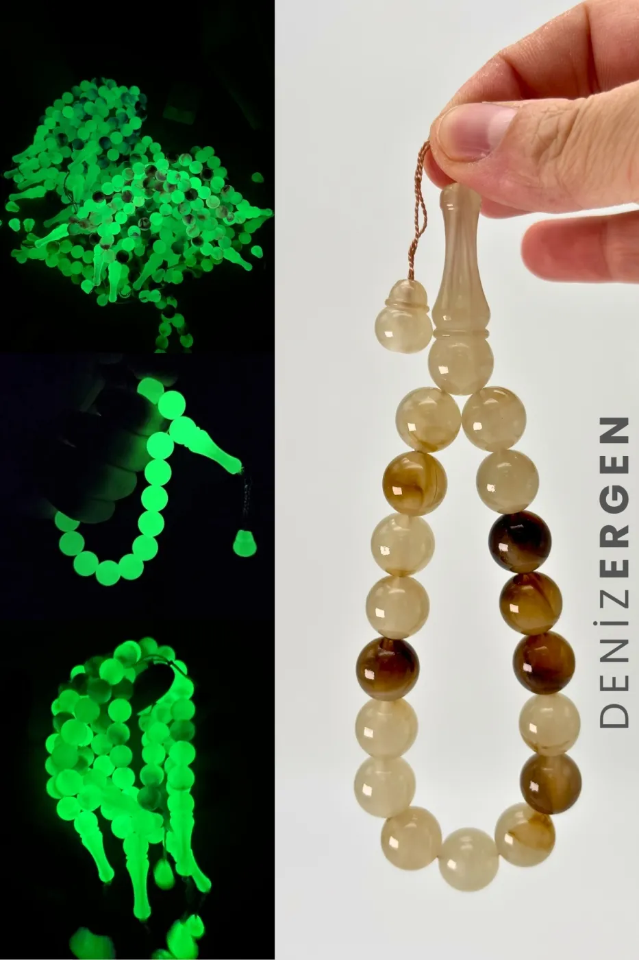 Kedi Gözü Fosforlu Karanlıkta Parlayan 17li Efe Bilek Boy Küre 14 mm Kesim Tesbih